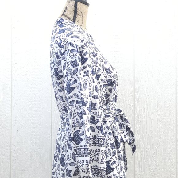 Boden Addie Linen Midi Dress US6R Blue Bird Floral Belt Pocket Block Resort Boho - Picture 7 of 16